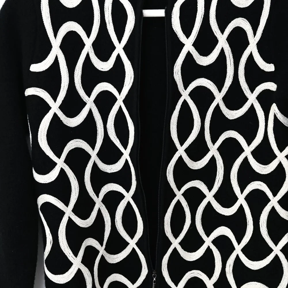 TALBOTS Black Zip Up Sweater Jacket with White Sartouche Braid - Size PM - Picture 6 of 14